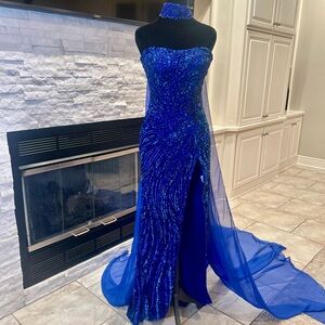 Elegant Blue Sherri Hill Beaded Gown with Cape